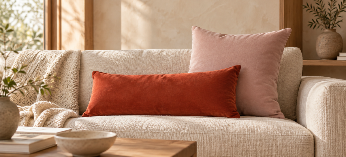 Velvet pink throw pillow and lumbar pillow on a cream colored couch.