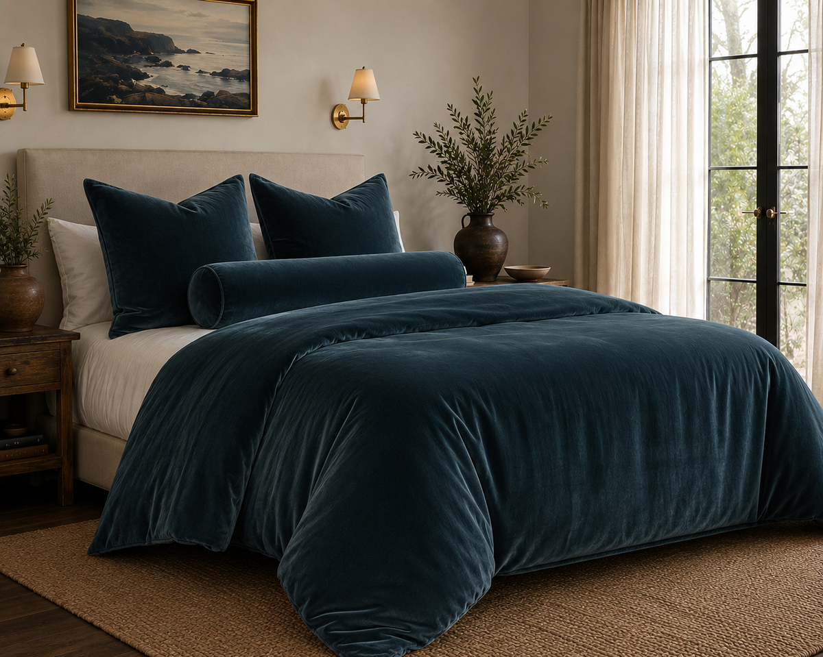 Rich blue-green velvet duvet, and pillows in a modern home decor bedroom setting.