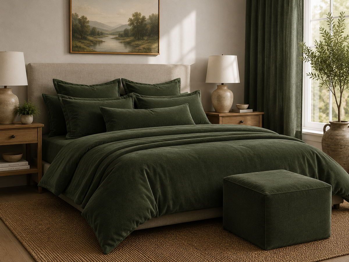 Modern home decor bedroom setting with green velvet bedding.