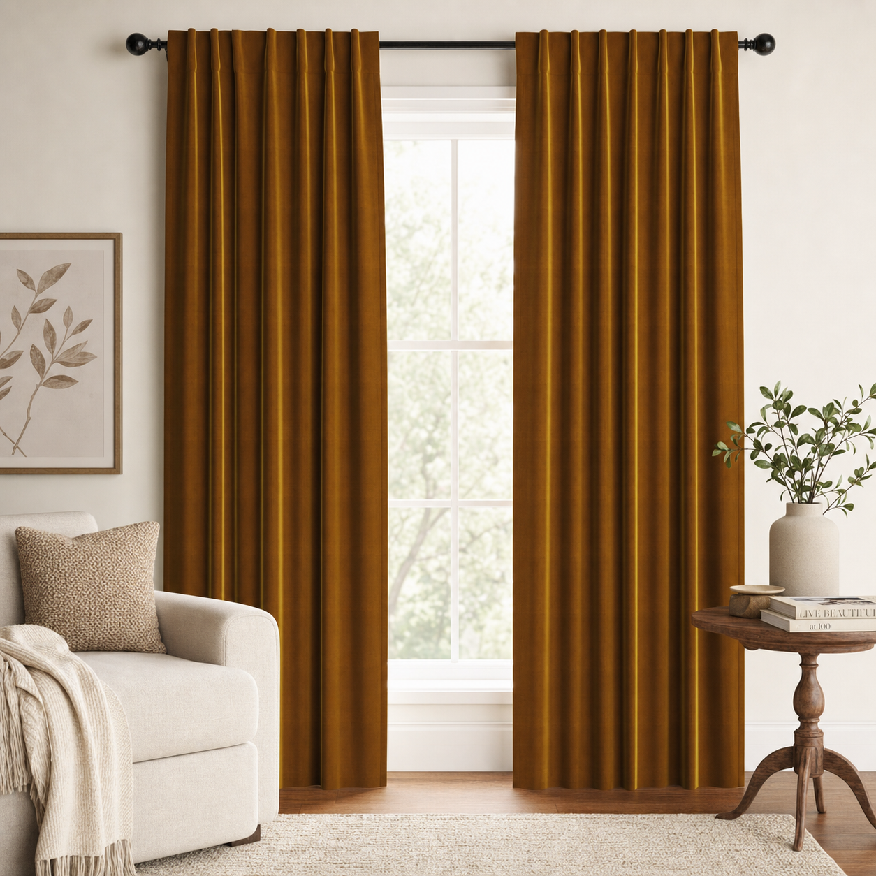 Gold window panel drapes in a stylish living room.