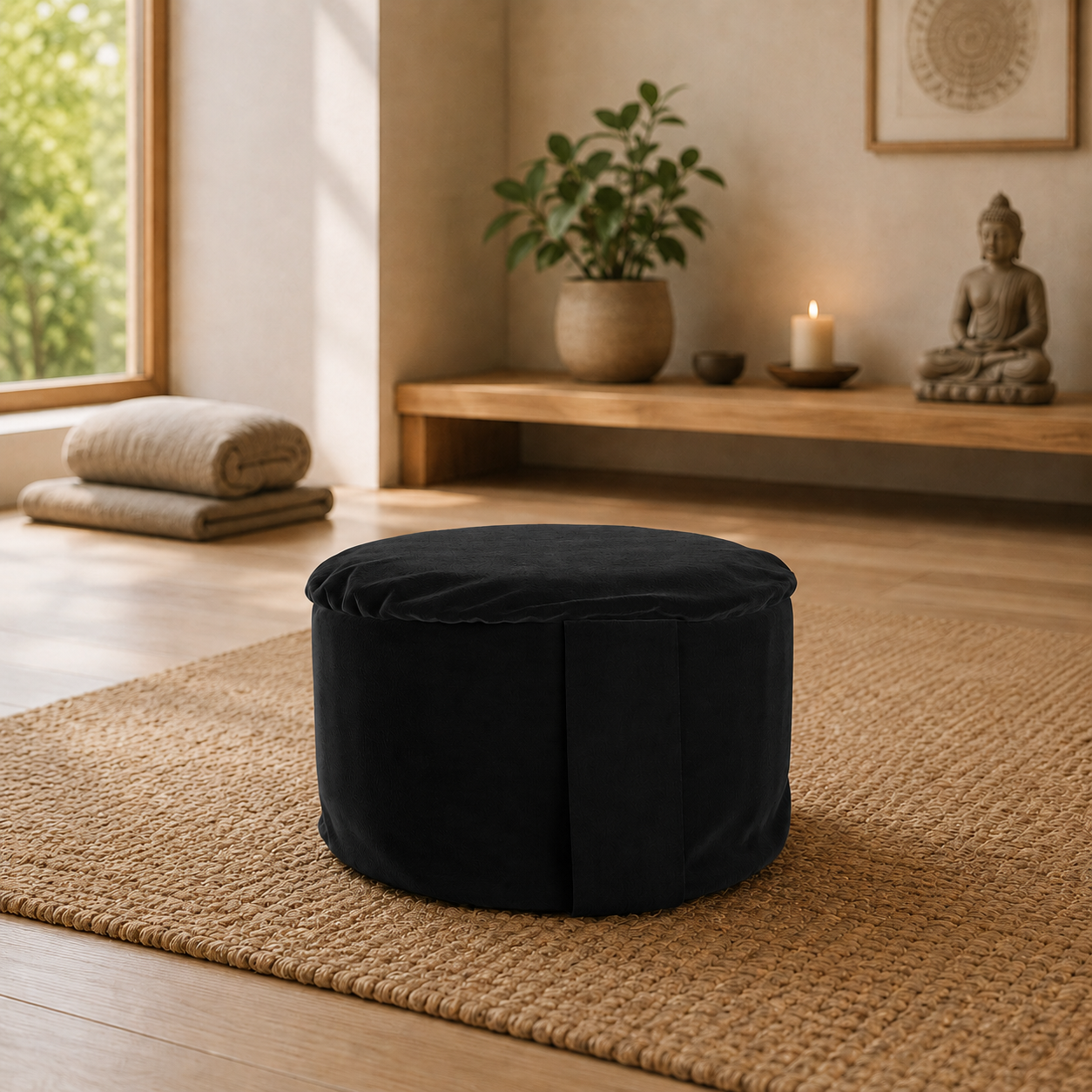 Black hi-zafu meditation cushion in a modern interior meditation room.