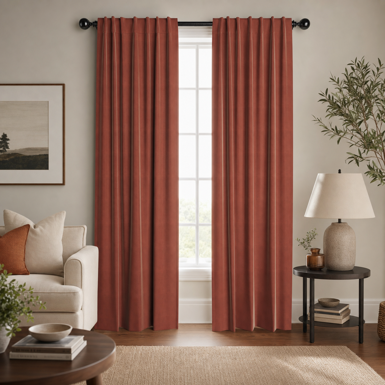 Orange, pink grapefruit window panel drapes hanging in a modern home decor living room.