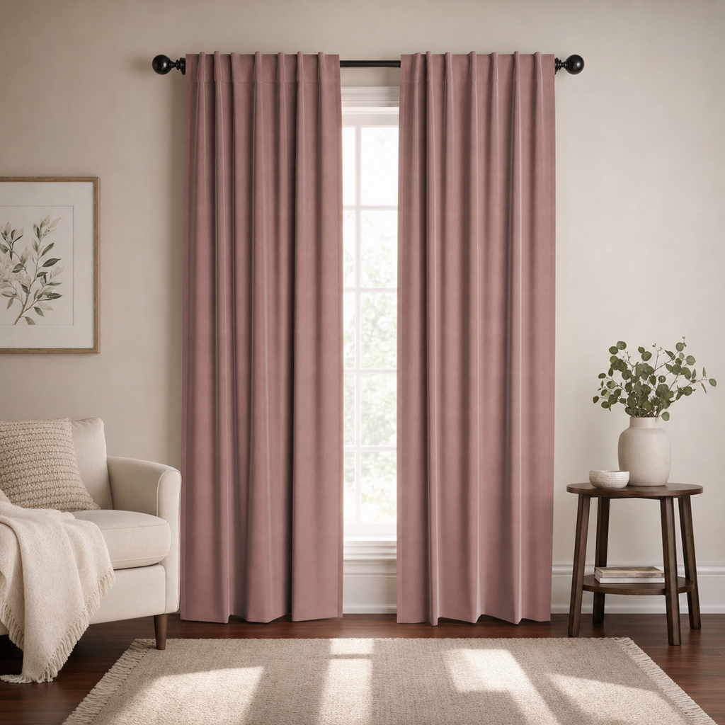 Soft rose light pink window panel curtains hanging in a chic living room.