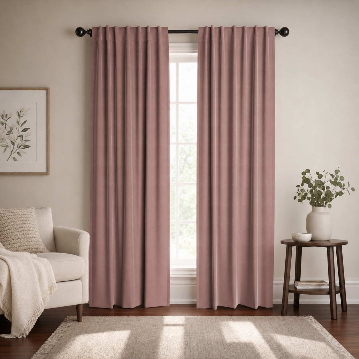 Soft rose light pink window panel curtains hanging in a chic living room.