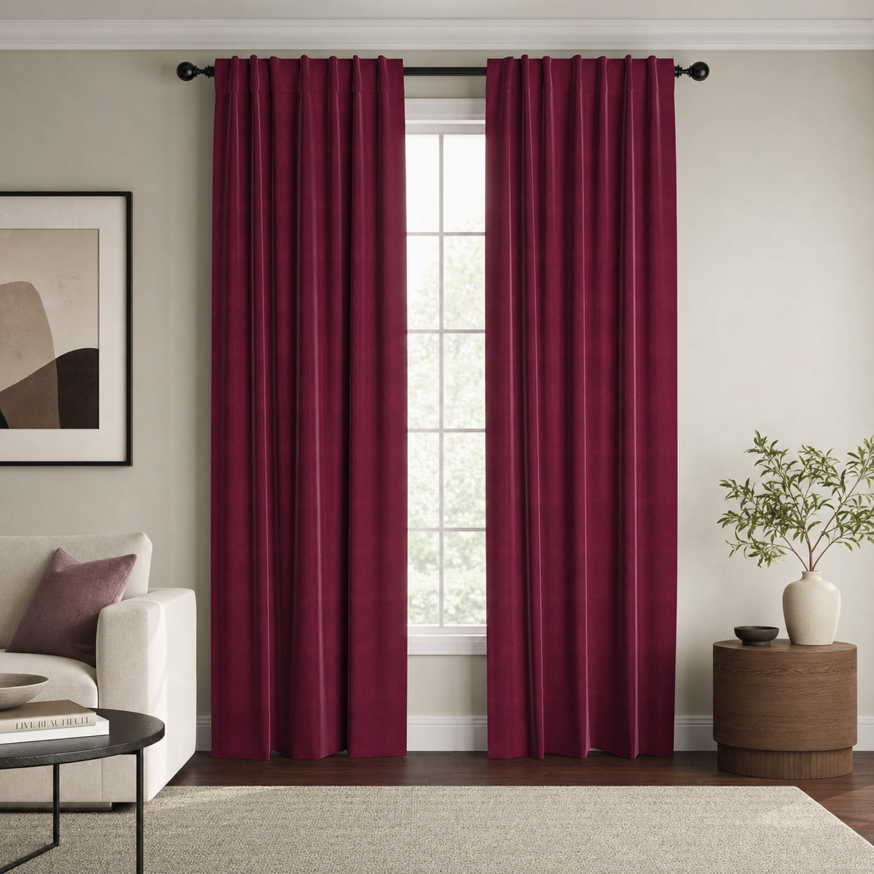 Tremiere deep pink velvet window panels hanging in modern home decor living room.